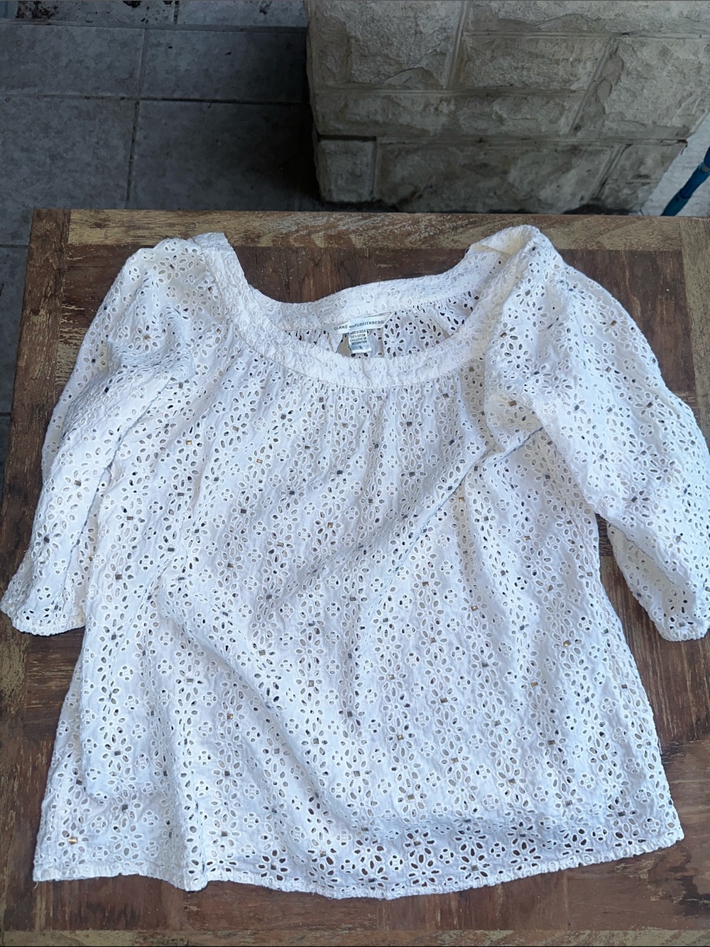 Diane Von Furstenberg White Eyelet Off-Shoulder Blouse